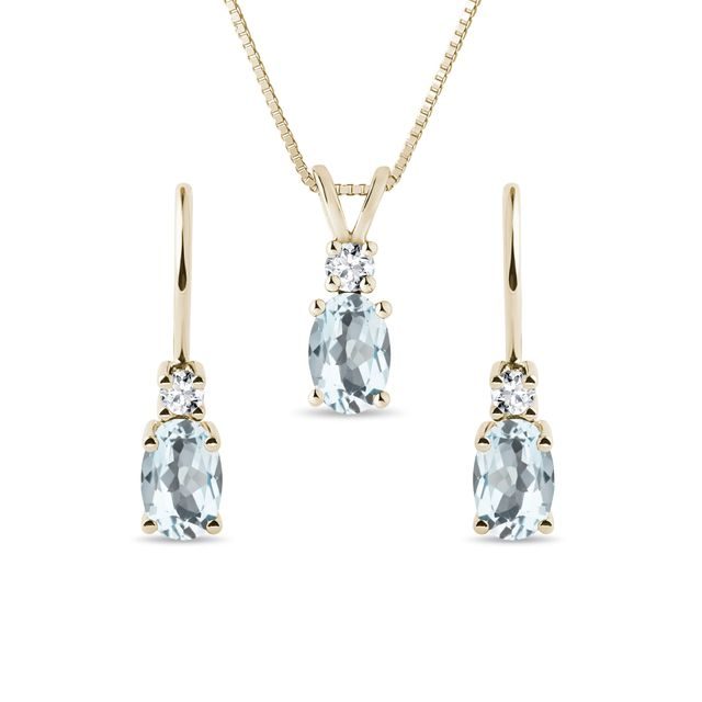 COLLIER ET BOUCLES D'OREILLES EN OR JAUNE ET AIGUES-MARINES - ENSEMBLES DE BIJOUX EN GEMMES - BIJOUX