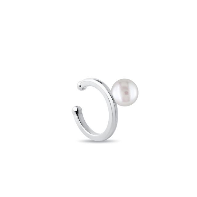 WHITE GOLD HUGGIE SINGLE EAR CUFF WITH FRESHWATER PEARL - PEARL EARRINGS - PEARL JEWELRY