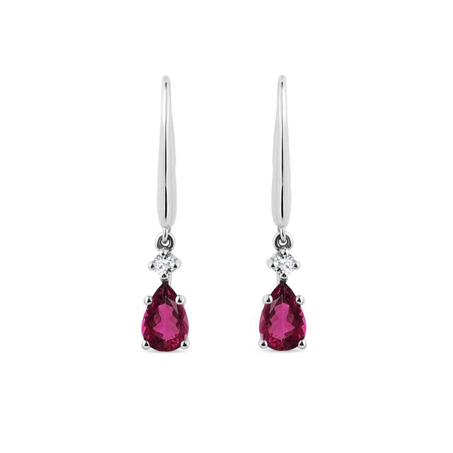 Dangling rubellite and diamond earrings in white gold