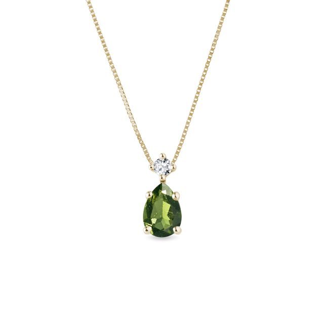 GOLDCOLLIER MIT MOLDAVIT IM TROPFENSCHLIFF UND DIAMANTEN - KETTEN MIT MOLDAVIT - KETTEN