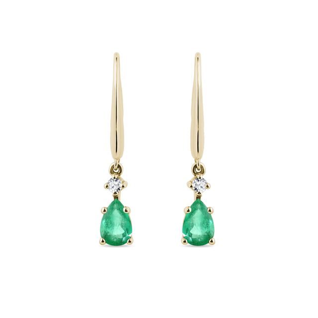 GOLD PENDANT EARRINGS WITH EMERALDS AND DIAMONDS - EMERALD EARRINGS - EARRINGS