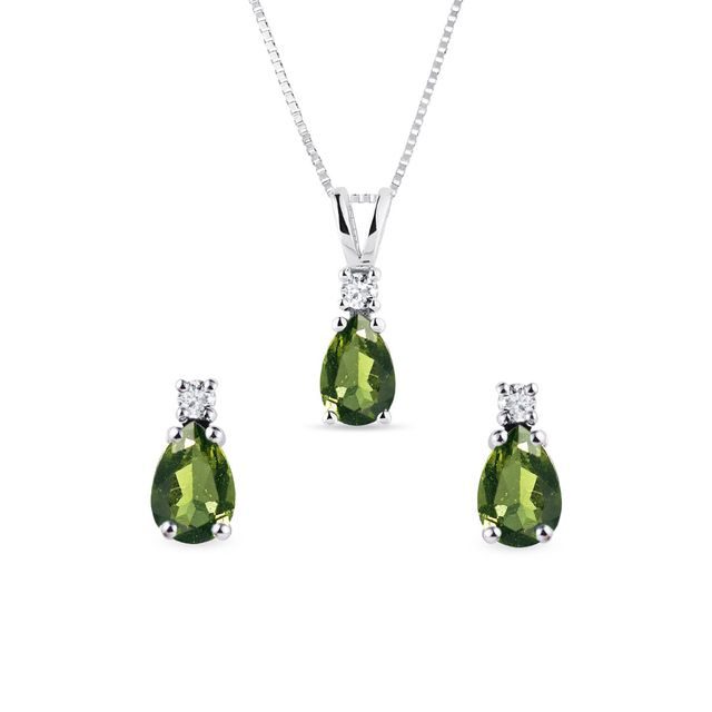 MOLDAVITE AND DIAMOND JEWELRY SET IN WHITE GOLD - GEMSTONE SETS - FINE JEWELRY