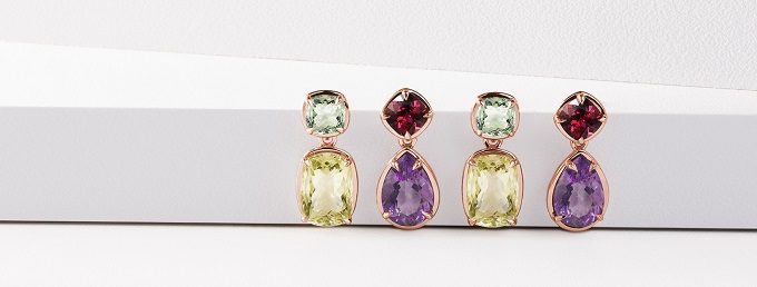 Boucles d'oreilles colorées en or rose avec des gemmes de la collection Violet - KLENOTA