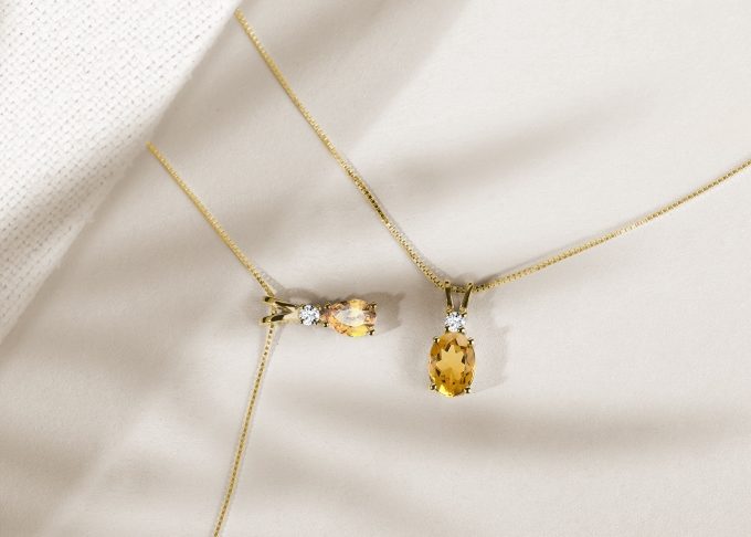 necklace with citrine madeira gemstone and small diamond in yellow gold - KLENOTA