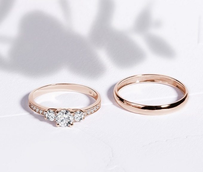 Obrączka i pierścionek zaręczynowy KLENOTA - różowe złoto i diamenty