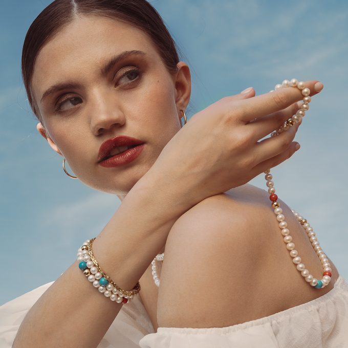 luxury pearl necklace and bracelet with turquoise and coral - KLENOTA