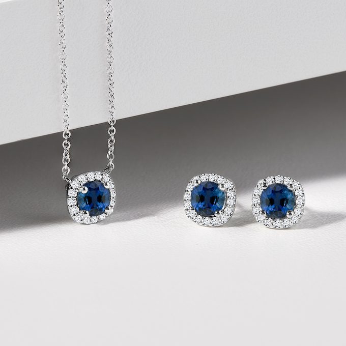 necklace and earrings with diamonds and sapphire - KLENOTA