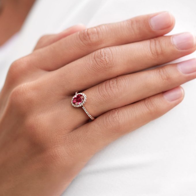 rubellite ring with halo design in white 14k gold - KLENOTA