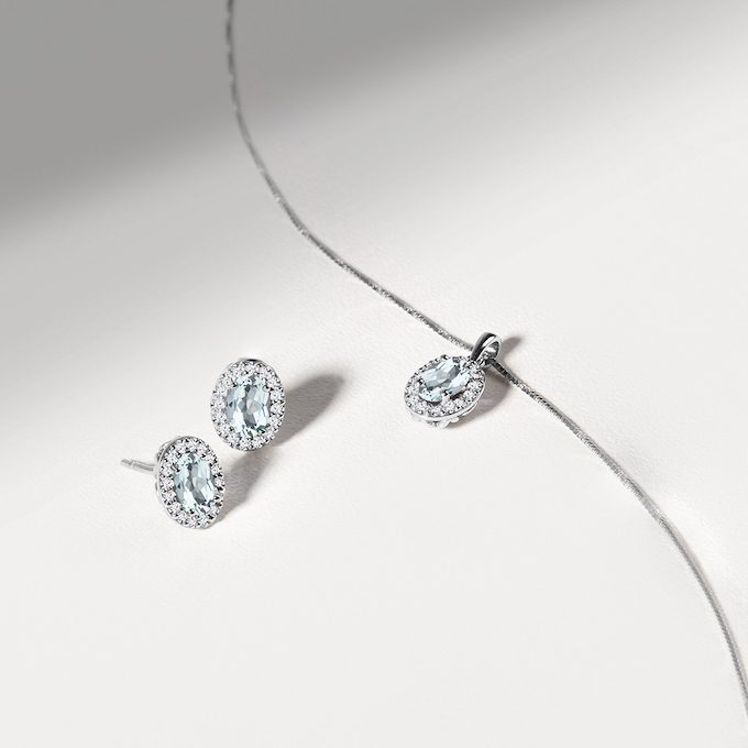 earrings and necklace with aquamarine and diamonds - KLENOTA
