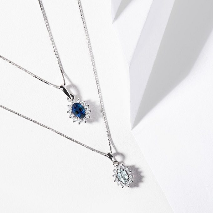  Necklaces made of white gold with sapphire, aquamarine and diamonds - KLENOTA