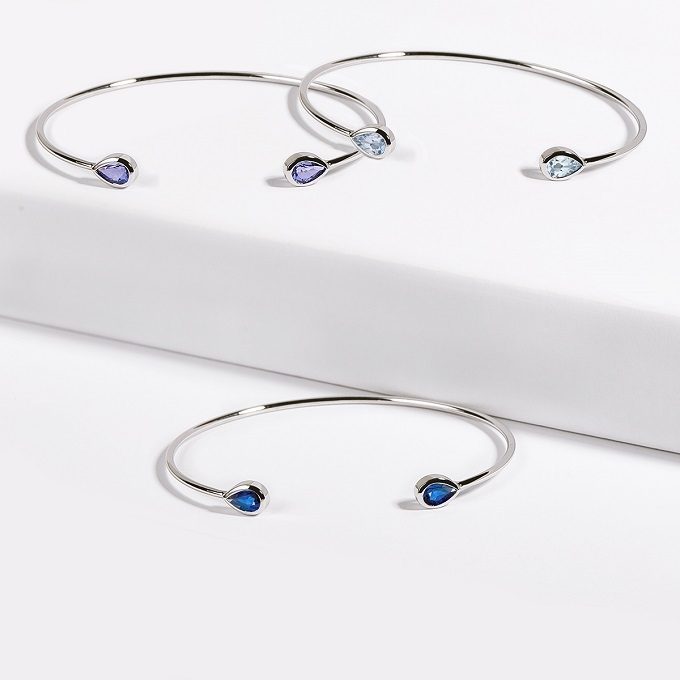 White gold flexi cuff bracelets with gemstones - KLENOTA