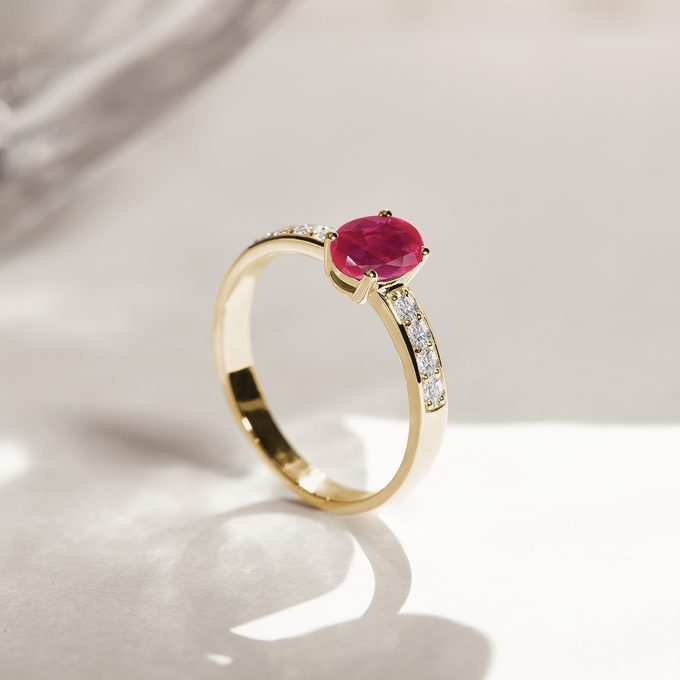 Bague diamant avec rubis en or jaune 14 carats - KLENOTA