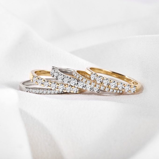 wedding rings with diamonds in white, pink and yellow gold - KLENOTA