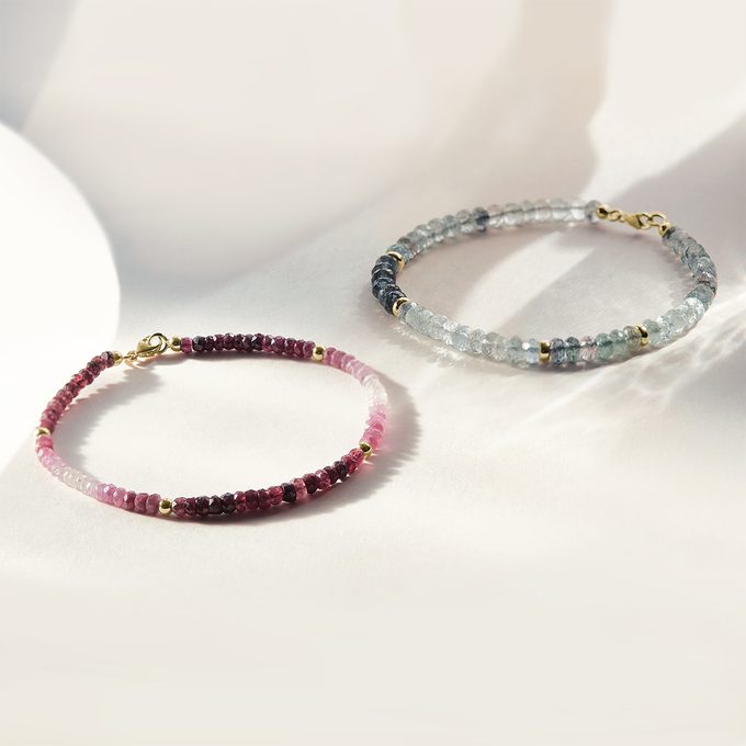 luxury mineral bracelets made of pale blue aquamarines and rubies - KLENOTA