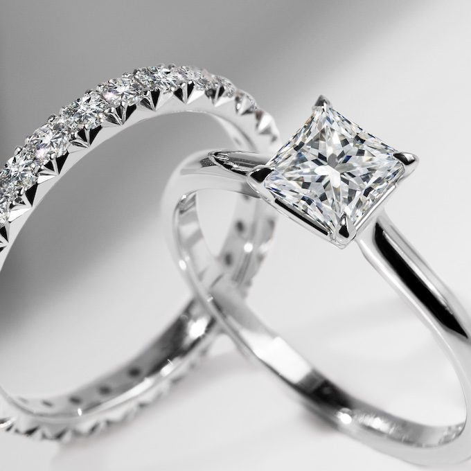 white gold wedding and engagement ring with diamonds - KLENOTA