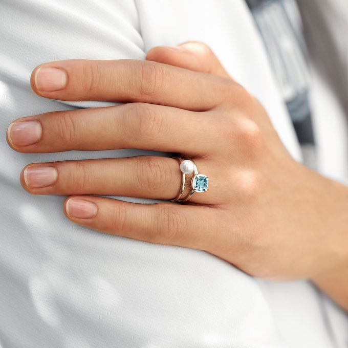 14k gold rings with pearl and aquamarine - KLENOTA