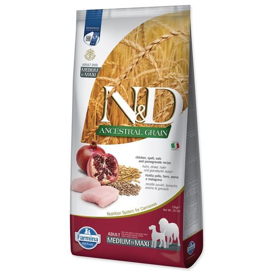 KRMIVO N&D ANCESTRAL GRAIN DOG CHICKEN, SPELT, OATS AND POMEGRANATE ADULT MEDIUM & MAXI 12KG