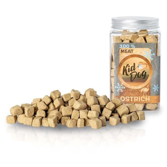 KIDDOG Super Premium 100% freeze dried OSTRICH CUBES - čisté pštrosí maso sušené mrazem 100 g