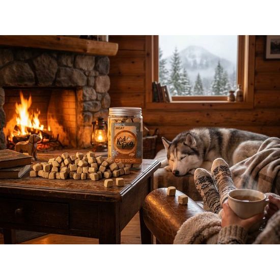 KIDDOG Super Premium 100% freeze dried OSTRICH CUBES - čisté pštrosí maso sušené mrazem 100 g