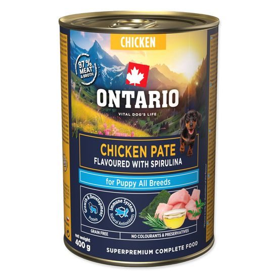 Konzerva Ontario Puppy kuřecí pate s příchutí spirulíny 400g