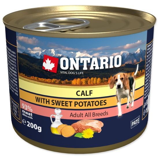 Konzerva ONTARIO Dog Mini Calf, Sweetpotato, Dandelion and Linseed oil