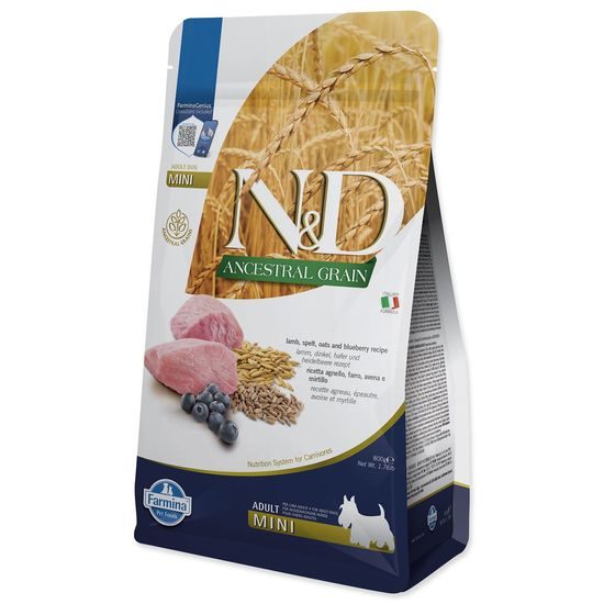 KRMIVO N&D ANCESTRAL GRAIN DOG LAMB, SPELT, OATS AND BLUEBERRY ADULT MINI 800G