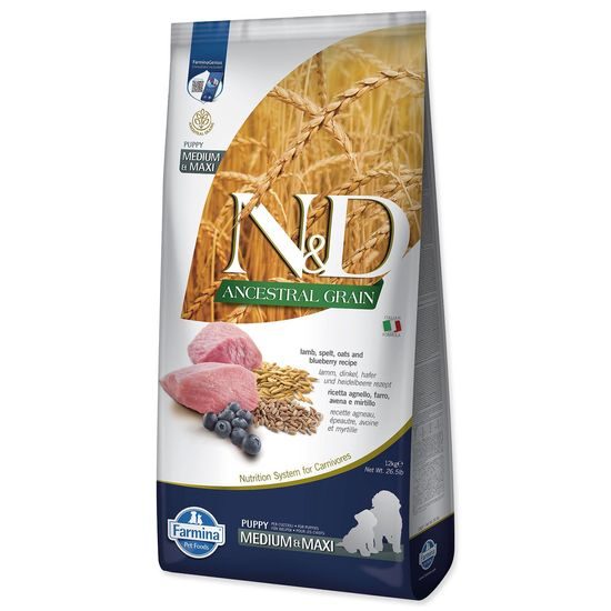 KRMIVO N&D ANCESTRAL GRAIN DOG LAMB, SPELT, OATS AND BLUEBERRY PUPPY MEDIUM & MAXI 12KG
