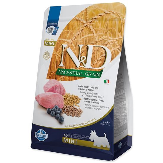 KRMIVO N&D ANCESTRAL GRAIN DOG LAMB, SPELT, OATS AND BLUEBERRY ADULT MINI 2.5KG
