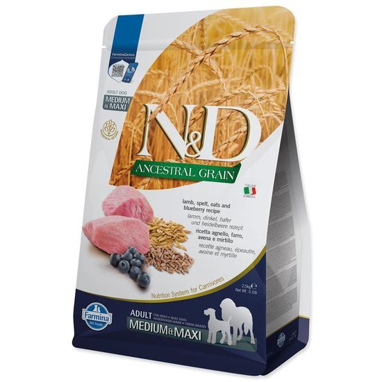 KRMIVO N&D ANCESTRAL GRAIN DOG LAMB, SPELT, OATS AND BLUEBERRY ADULT MEDIUM & MAXI 2.5KG