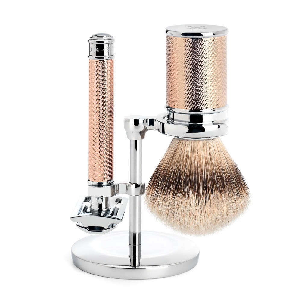 Sestava na holení Mühle Traditional - stojánek, strojek s uzavřenou hlavicí, štětka silvertip badger - růžové zlato