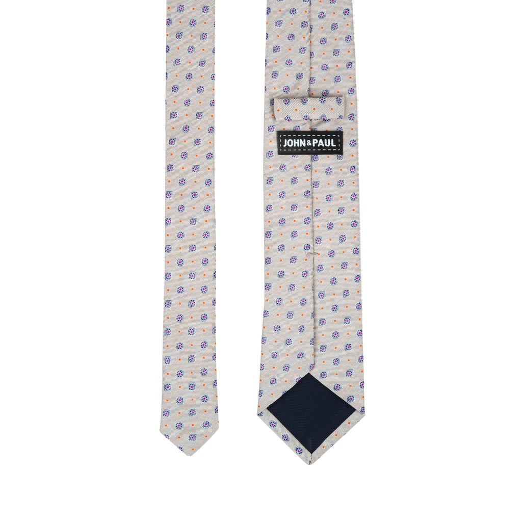 Světle šedá kravata s květy a oranžovými tečkami z hedvábí a lnu - John &  Paul - Kravaty - Oblečení - Gentleman Store
