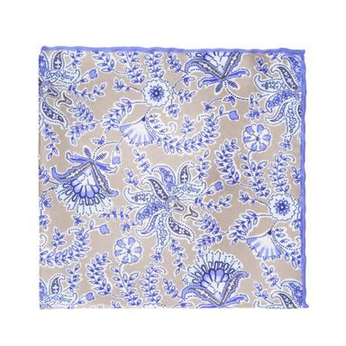 Hnědý hedvábný kapesníček s modrým květinovým vzorem