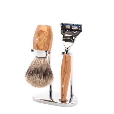 Sestava na holení Mühle KOSMO - stojánek, strojek s Fusion hlavicí, štětka fine badger - olivové dřevo
