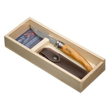 Tenký zavírací nůž Opinel VRI N°10 Inox s rukojetí z olivového dřeva (kožené pouzdro, dřevěný box)