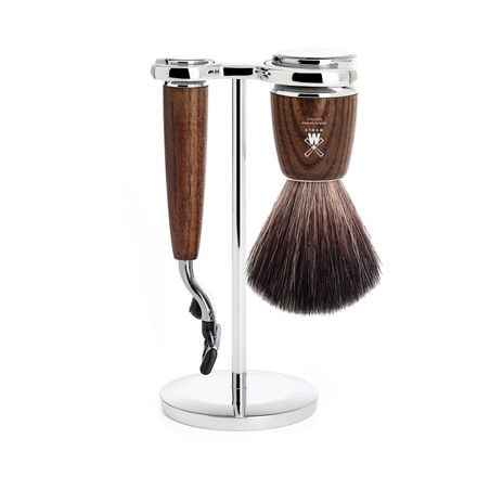 Sestava na holení Mühle RYTMO - stojánek, strojek s hlavicí Mach 3, štětka Black Fibre - jasan