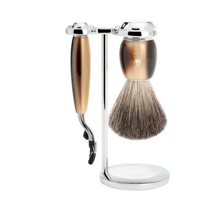 Sestava na holení Mühle VIVO - stojánek, strojek s hlavicí Mach 3, štětka pure badger - imitace rohoviny