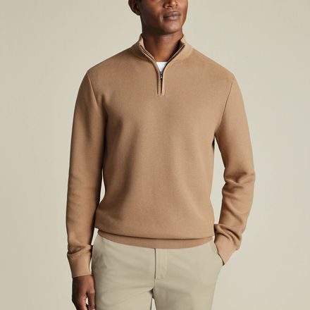 Charles Tyrwhitt Honeycomb Cotton Zip Neck Jumper — Camel