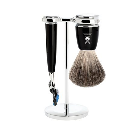 Sestava na holení Mühle RYTMO - stojánek, strojek s Fusion hlavicí, štětka pure badger - černá pryskyřice