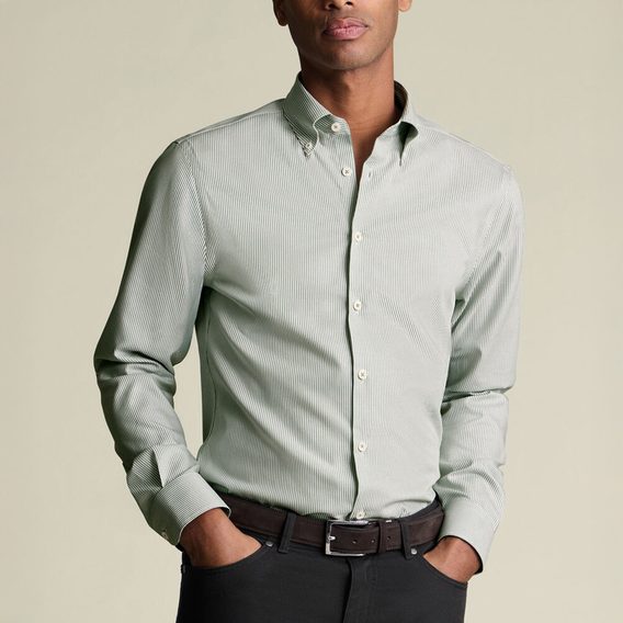 Charles Tyrwhitt Non-Iron Stretch Pinpoint Oxford Button-Down Shirt — Olive Stripe