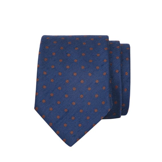Tmavě modrá hedvábná kravata s hnědými puntíky John & Paul