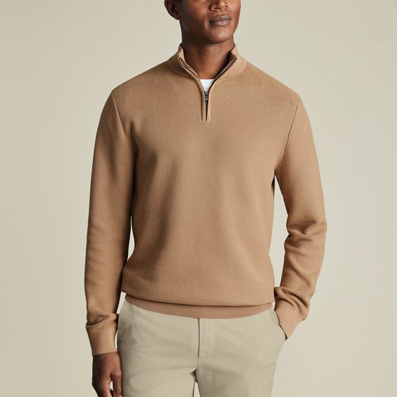 Charles Tyrwhitt Honeycomb Cotton Zip Neck Jumper — Camel