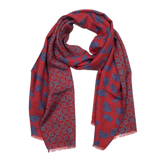 Oboustranná červená vlněná šála s květy a listy jinanu John & Paul