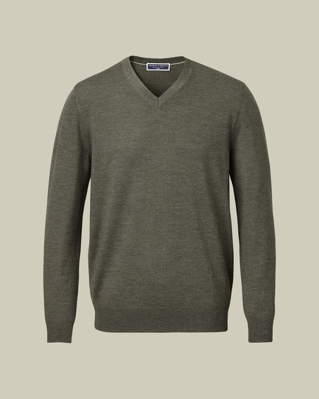 Charles Tyrwhitt Pure Merino V-Neck Jumper — Olive
