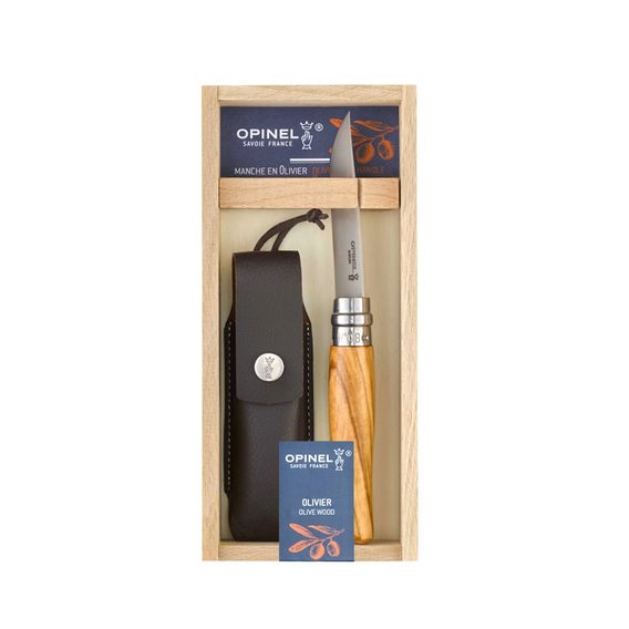 Opinel N°08 Carbon + Sheath — Olive Wood (Box Set)