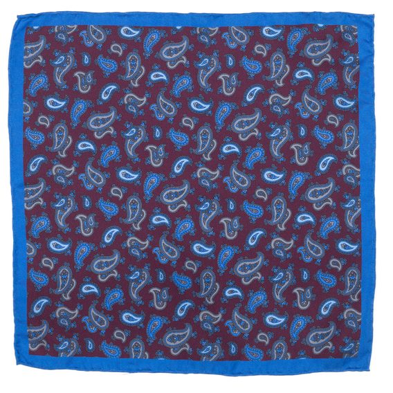 Vínový kapesníček s modrými okraji a paisley vzorem John & Paul