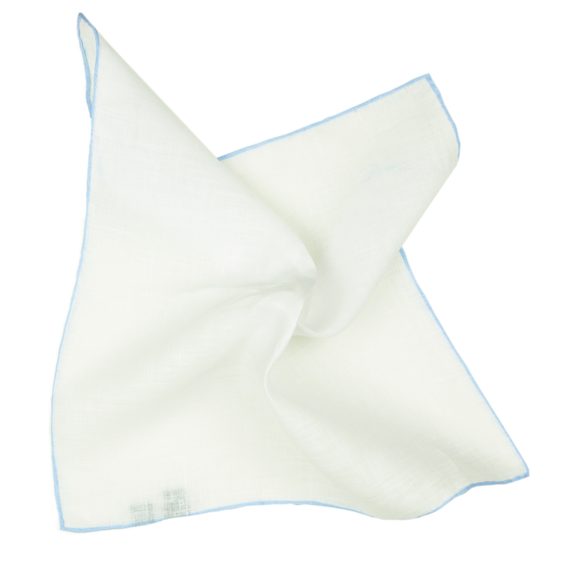 Bílý lněný kapesníček se světle modrými okraji John & Paul