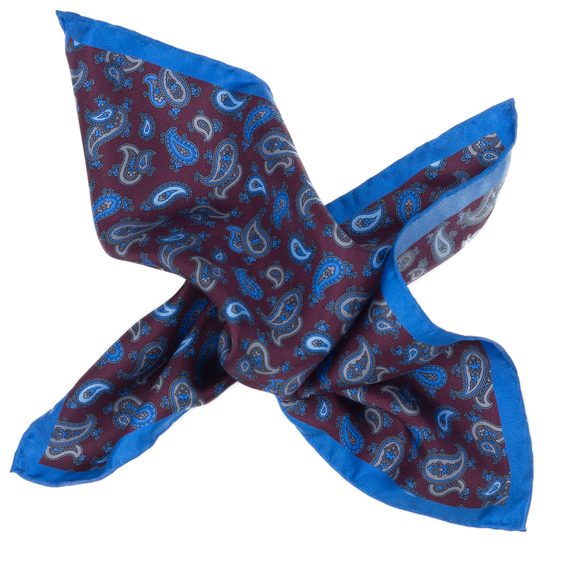 Vínový kapesníček s modrými okraji a paisley vzorem John & Paul