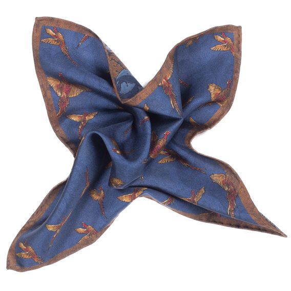 Oboustranný modrý kapesníček s bažanty a listy John & Paul