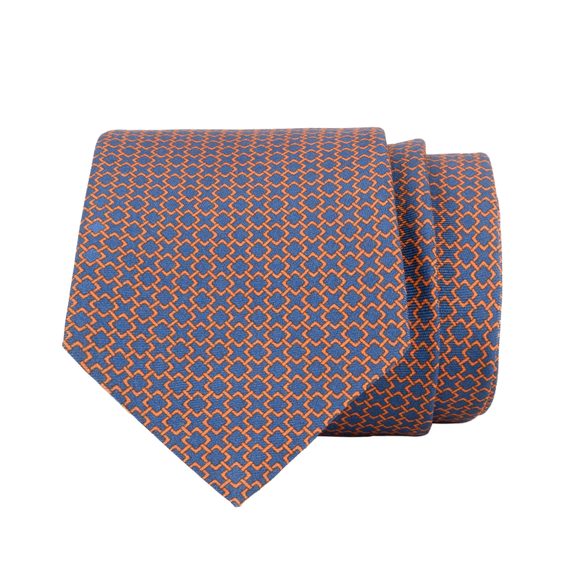 Modro-oranžová hedvábná kravata se řetízkovým vzorem