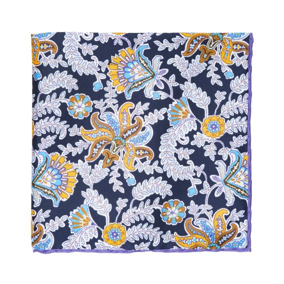 Tmavě modrý hedvábný kapesníček s pestrým květinovým vzorem